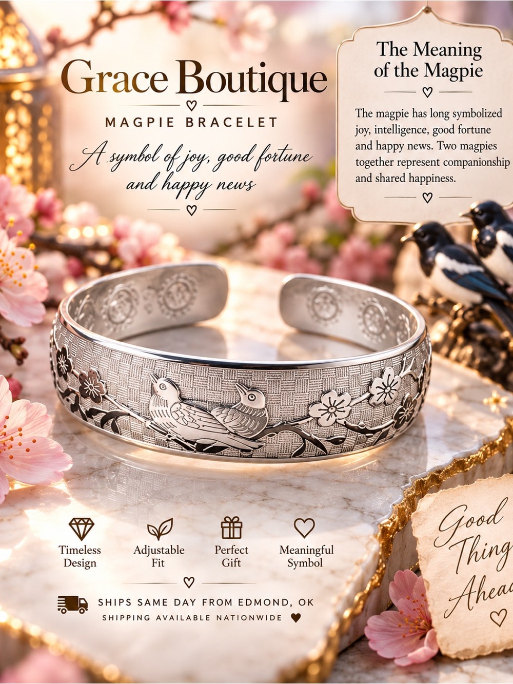 Silver Magpie Bracelet - Symbolic Women's Cuff